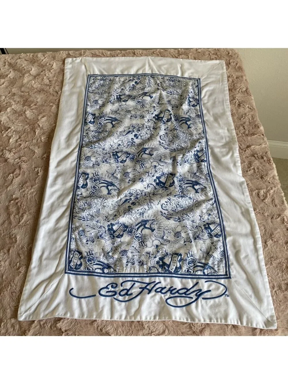 Ed Hardy King Size PILLOW SHAM Blue White Mermaid Skull Love Kills